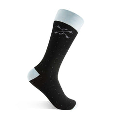 black men's dress sock with light blue pin dots