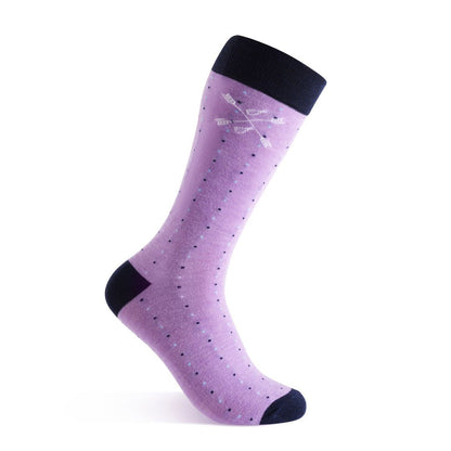 A Periwinkle men's dress sock with navy and baby blue pin dots