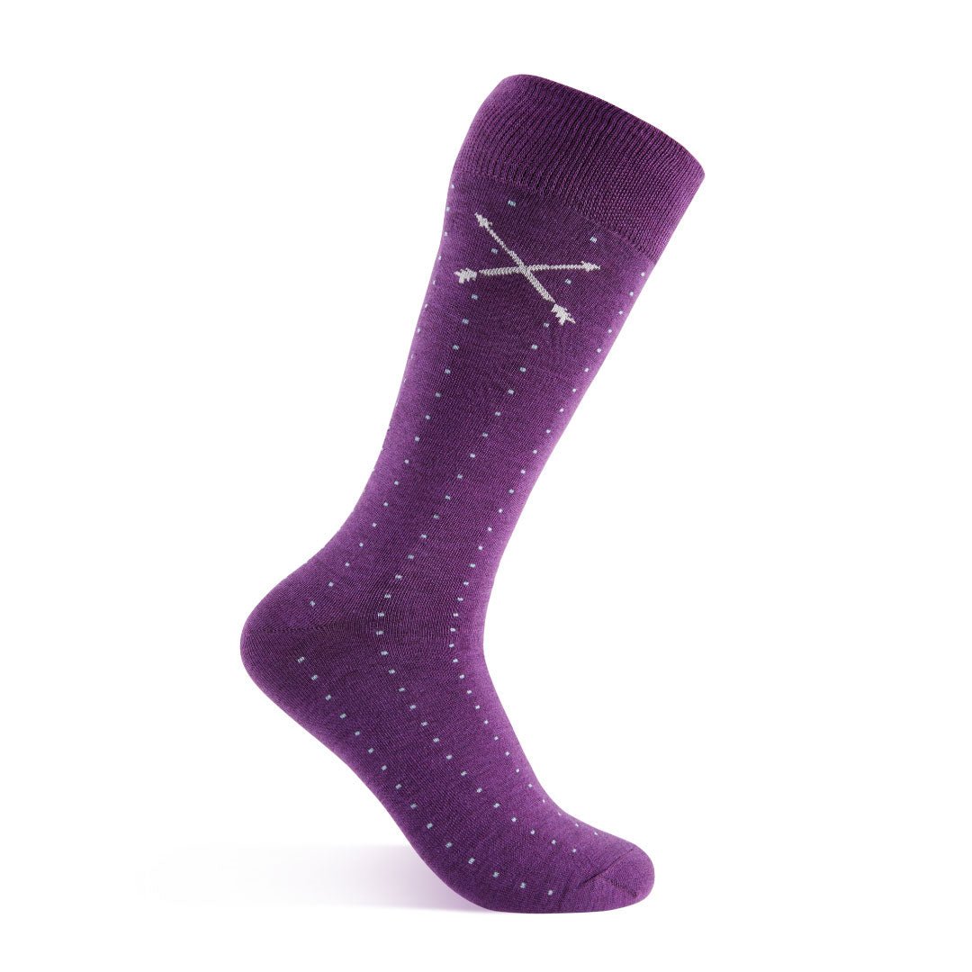 rich purple men's dress sock with blue micro dots