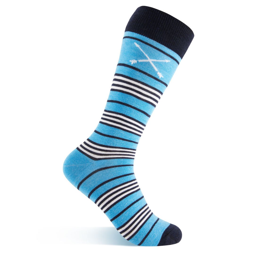 sky blue mens dress socks with navy and white stripes