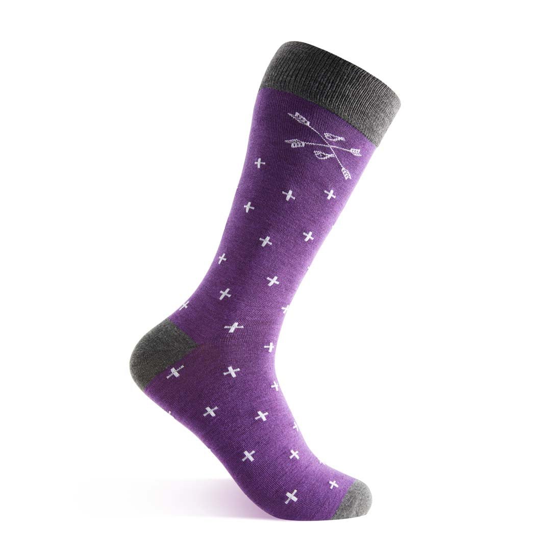 purple dress socks with white hatches