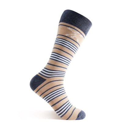 tan socks with navy and white stripes