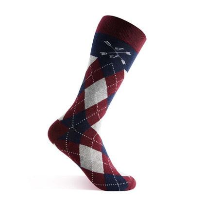 grey, red, and blue argyle socks
