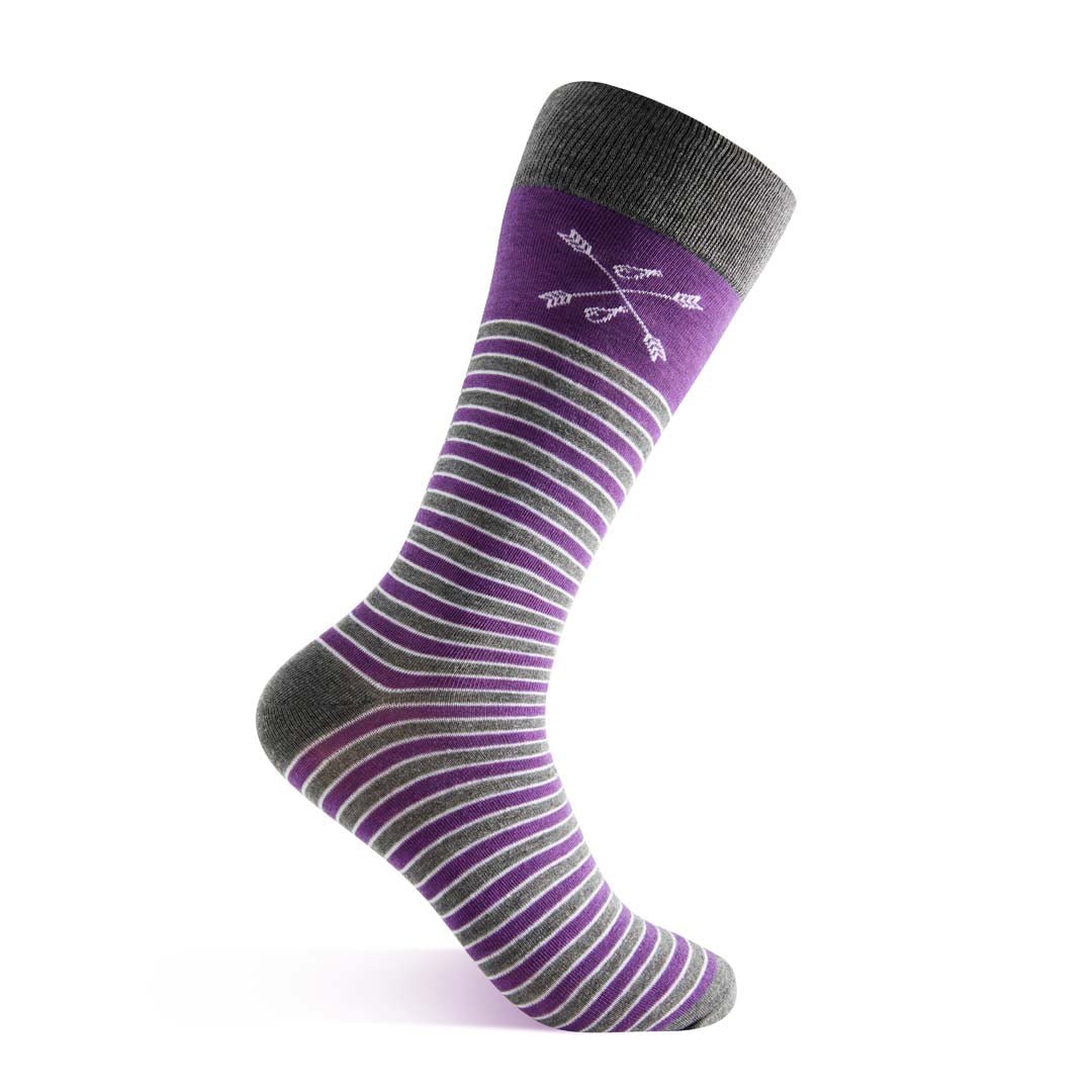 purple, grey, and white striped dress socks