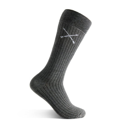 Solid, gray, and charcoal ribbed men's dress sock.