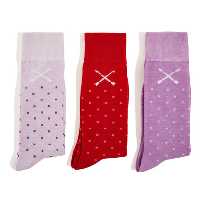 3-pack men's dress socks in purple, lilac, and red