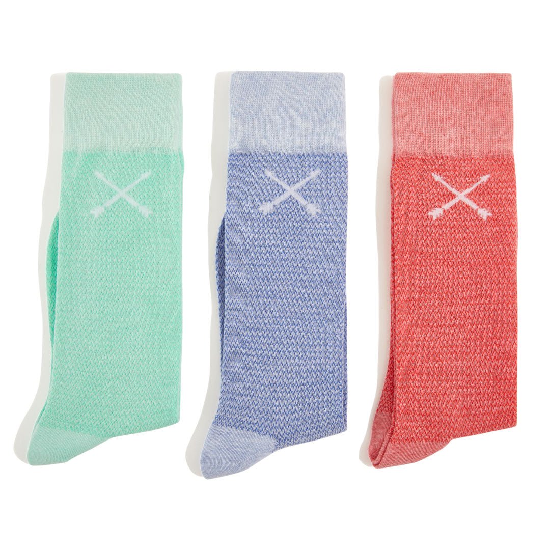 green, blue, and coral micro-chevron patterned socks