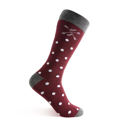 Burgundy men's dress socks with white polka dots