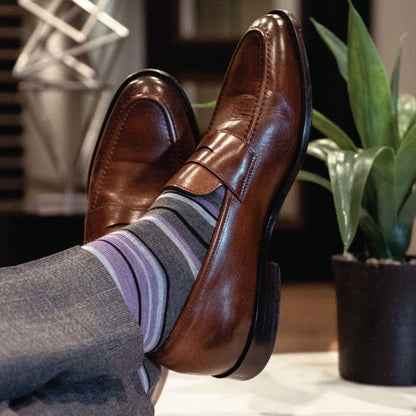 The Stocktons - A mauve, grey, and white striped men's dress sock