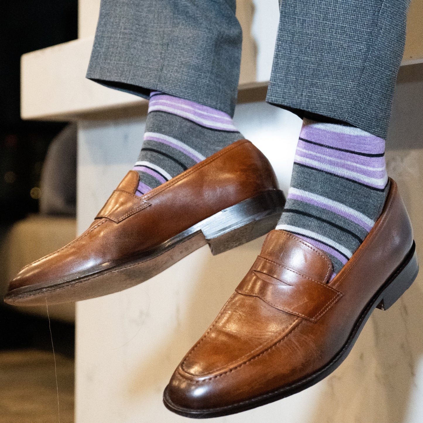 Purple, white, and grey striped men's dress sock