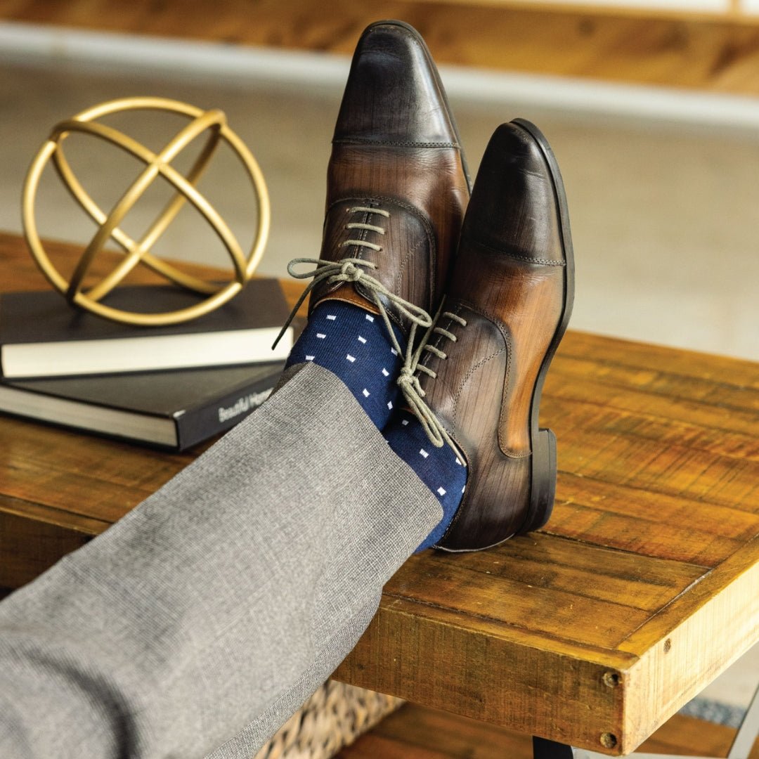 navy blue men's dress socks with white micro-squares