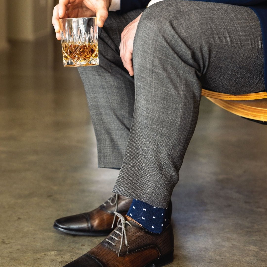 navy blue men's dress socks with white micro-squares