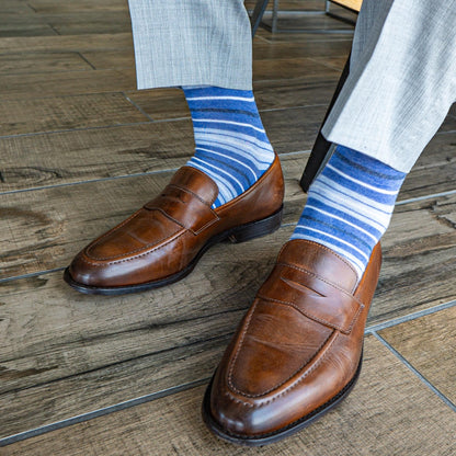 blue, grey, and white striped men's dress socks