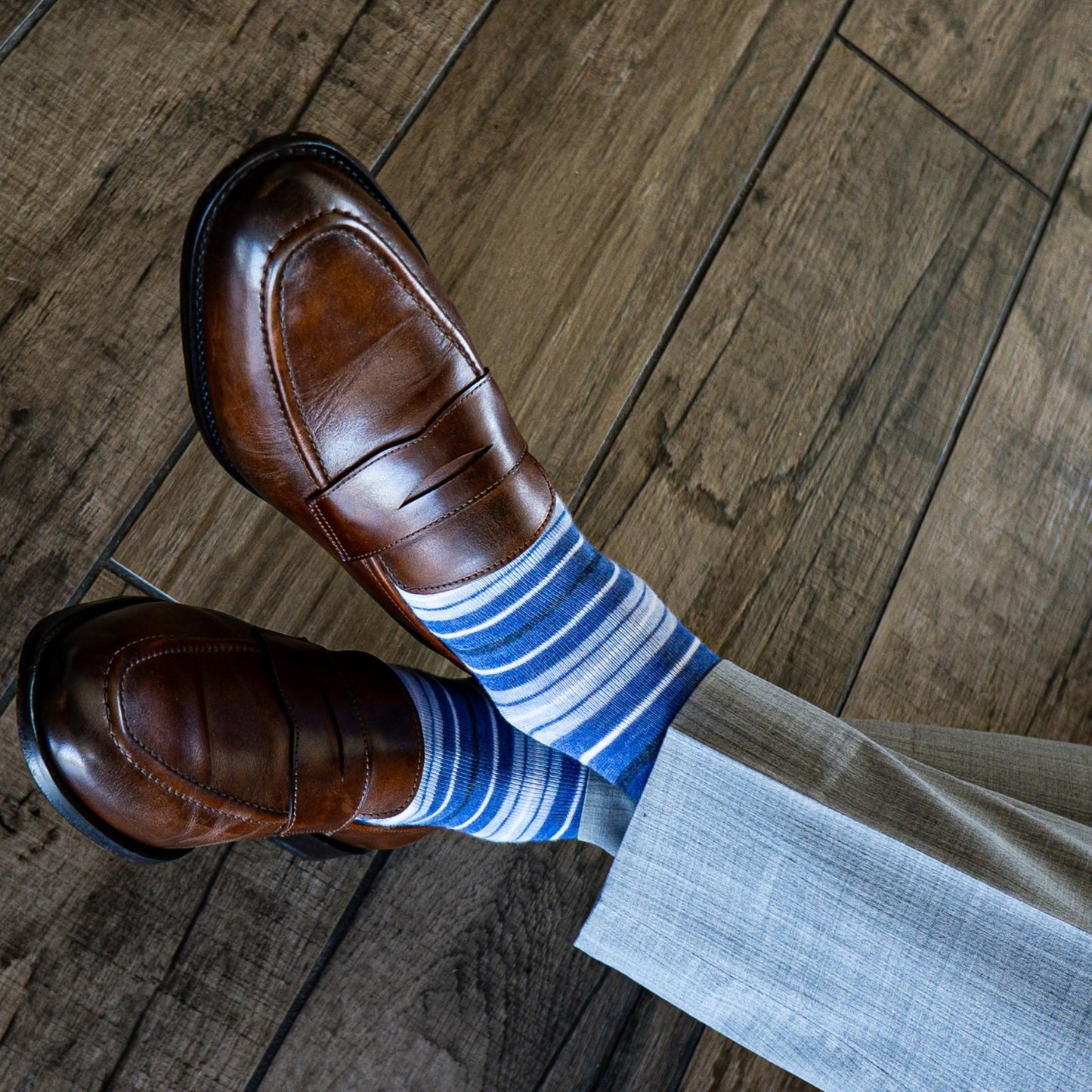 blue, grey, and white striped men's dress socks