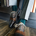 deep green sock with powder blue micro-pin dots