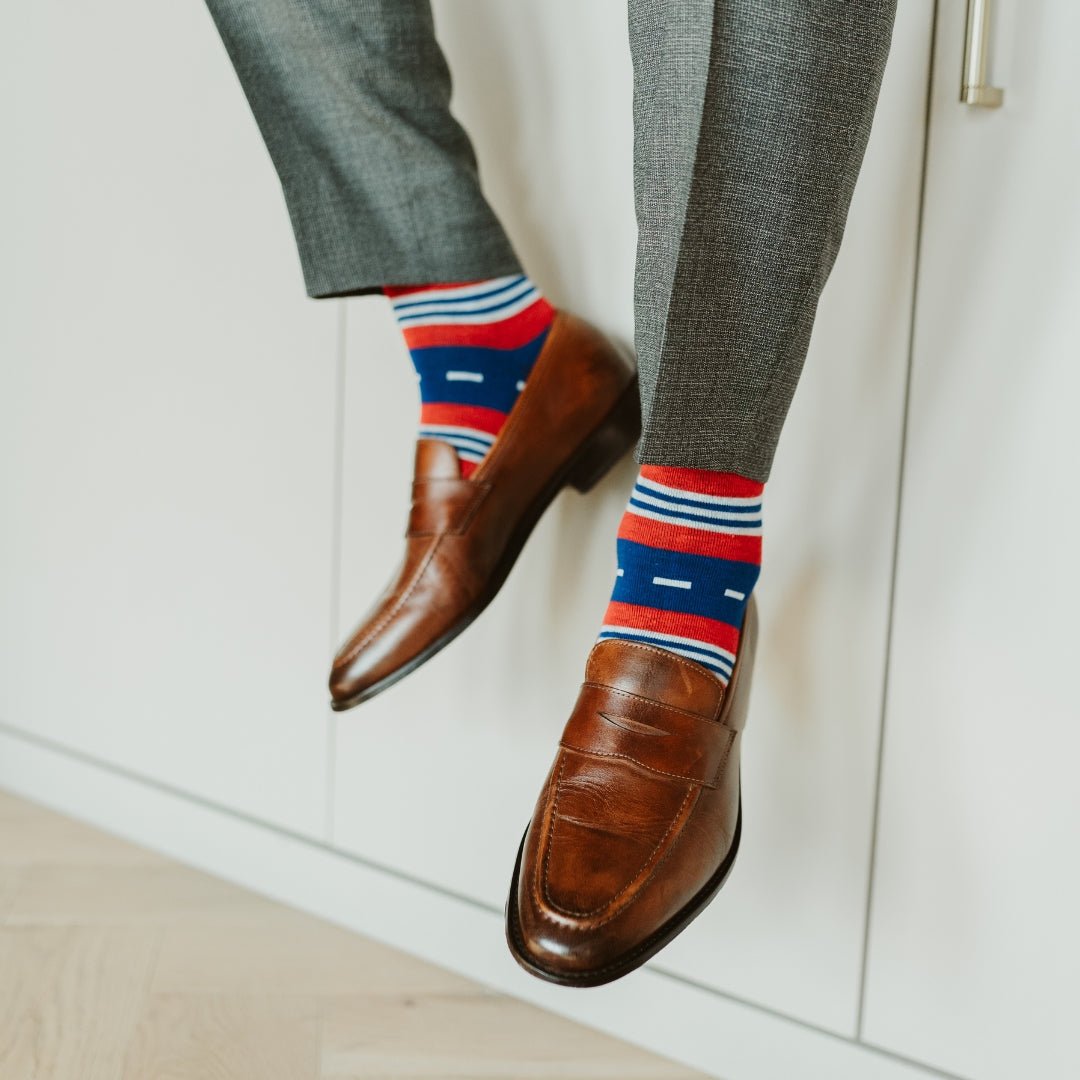 blue, red, and white striped men's dress sock