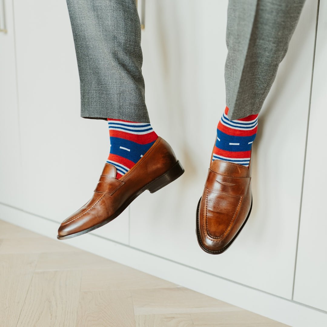 blue, red, and white striped men's dress sock
