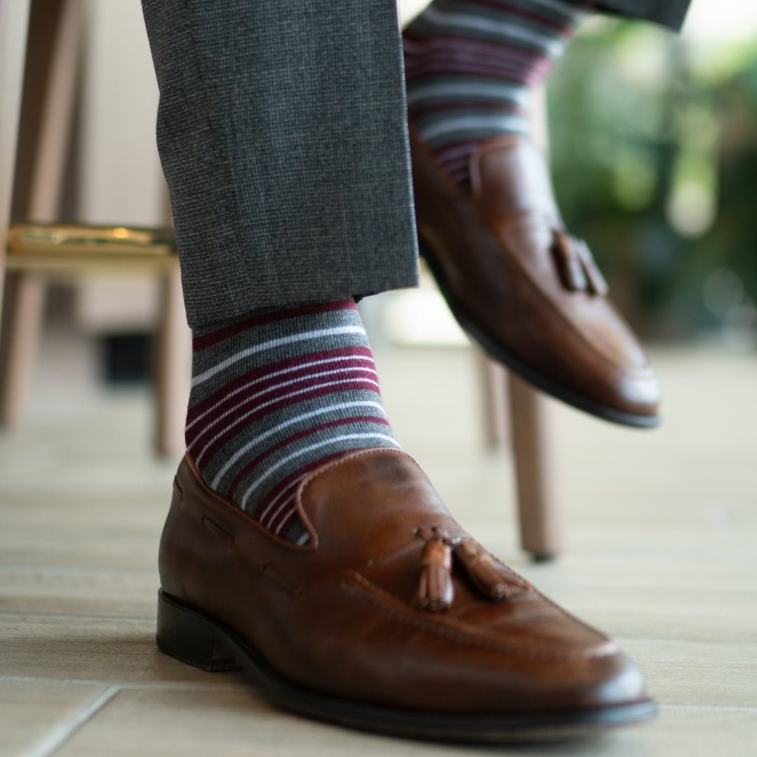 Grey men's dress sock with garnet red and white stripes