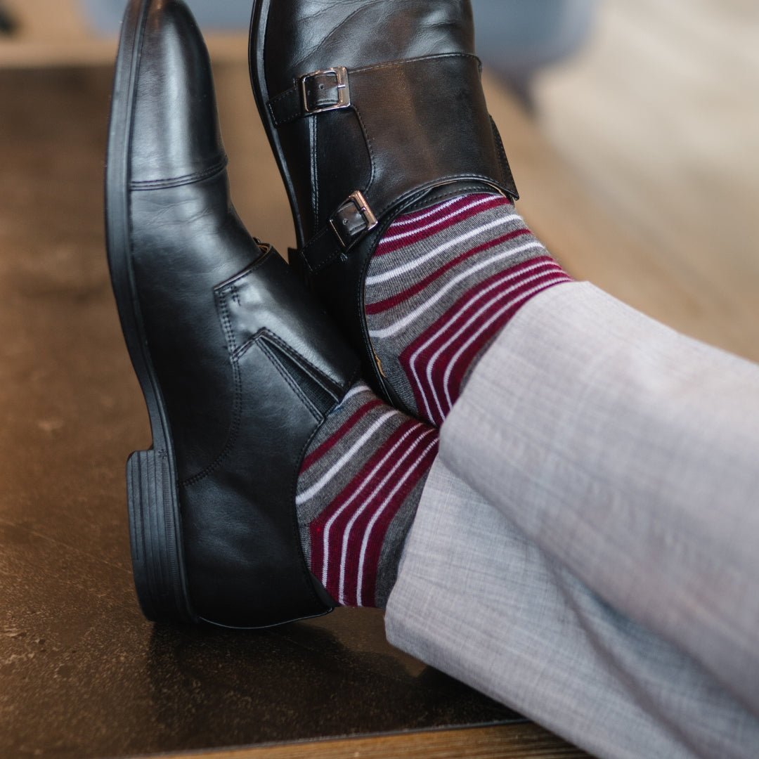 Grey men's dress sock with garnet red and white stripes