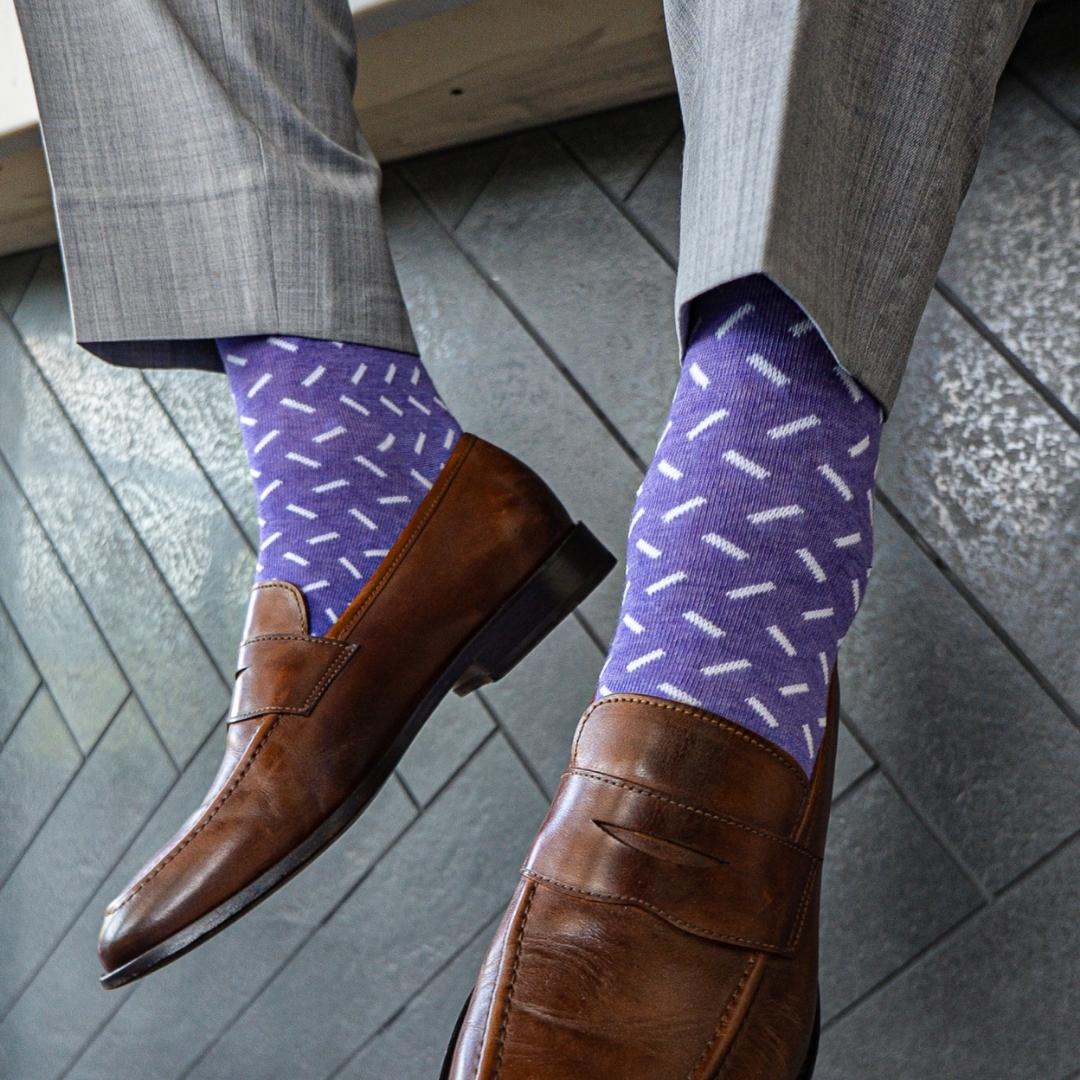 Violet men's dress sock with a contrasting sprinkle pattern