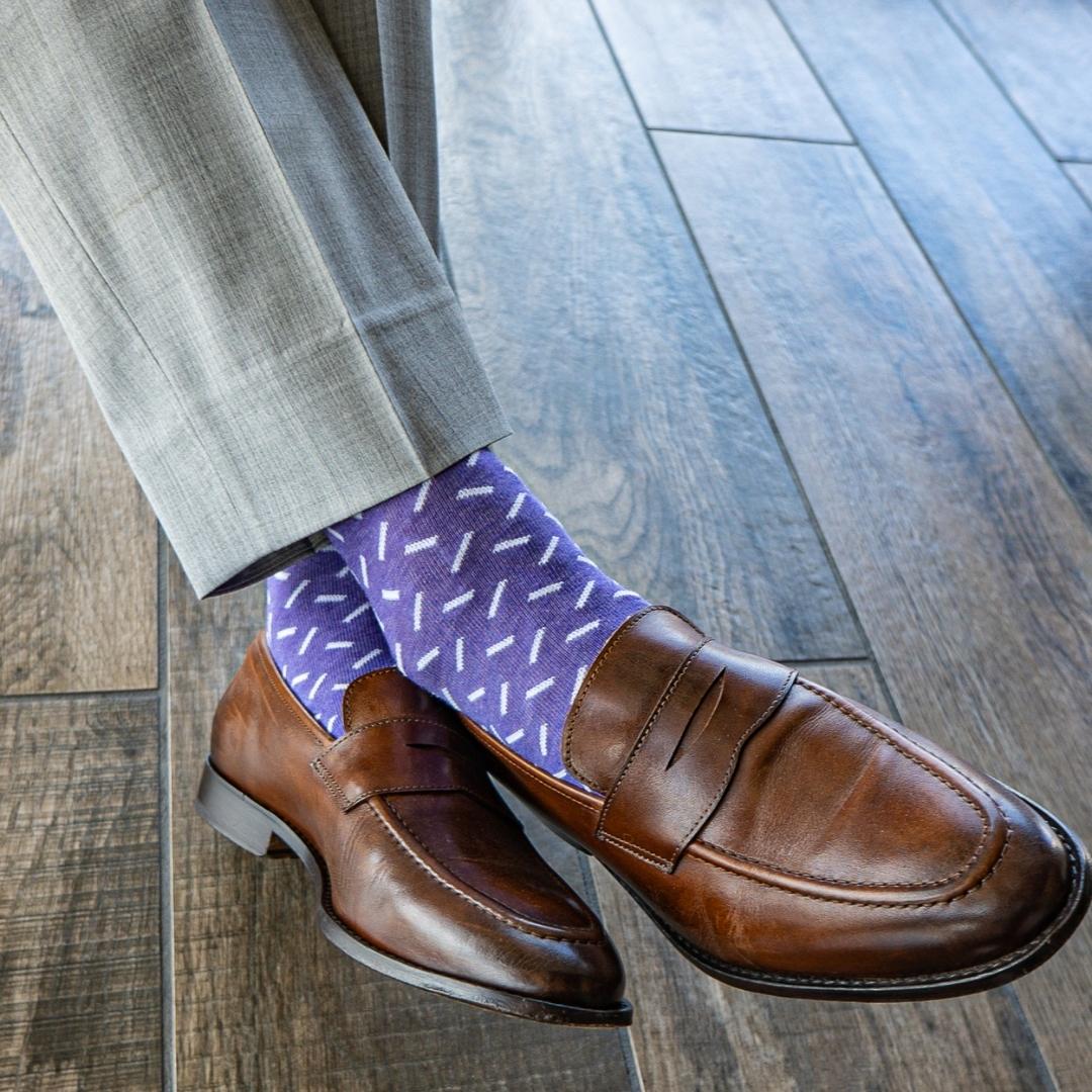 Violet men's dress sock with a contrasting sprinkle pattern