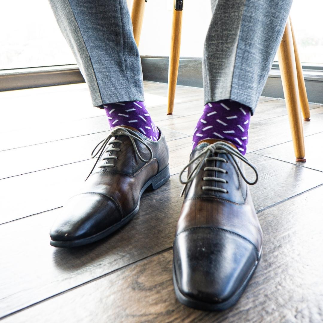 Deep purple men's dress sock with contrasting sprinkle pattern