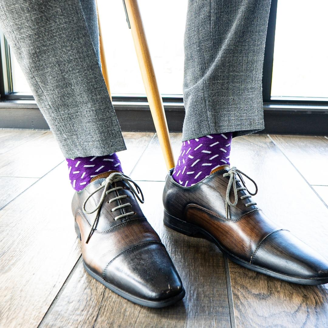 Deep purple men's dress sock with contrasting sprinkle pattern