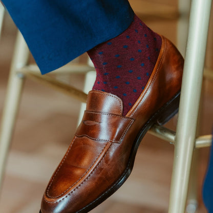 The Bartons - A Deep Red Sock with Navy Polka Dots