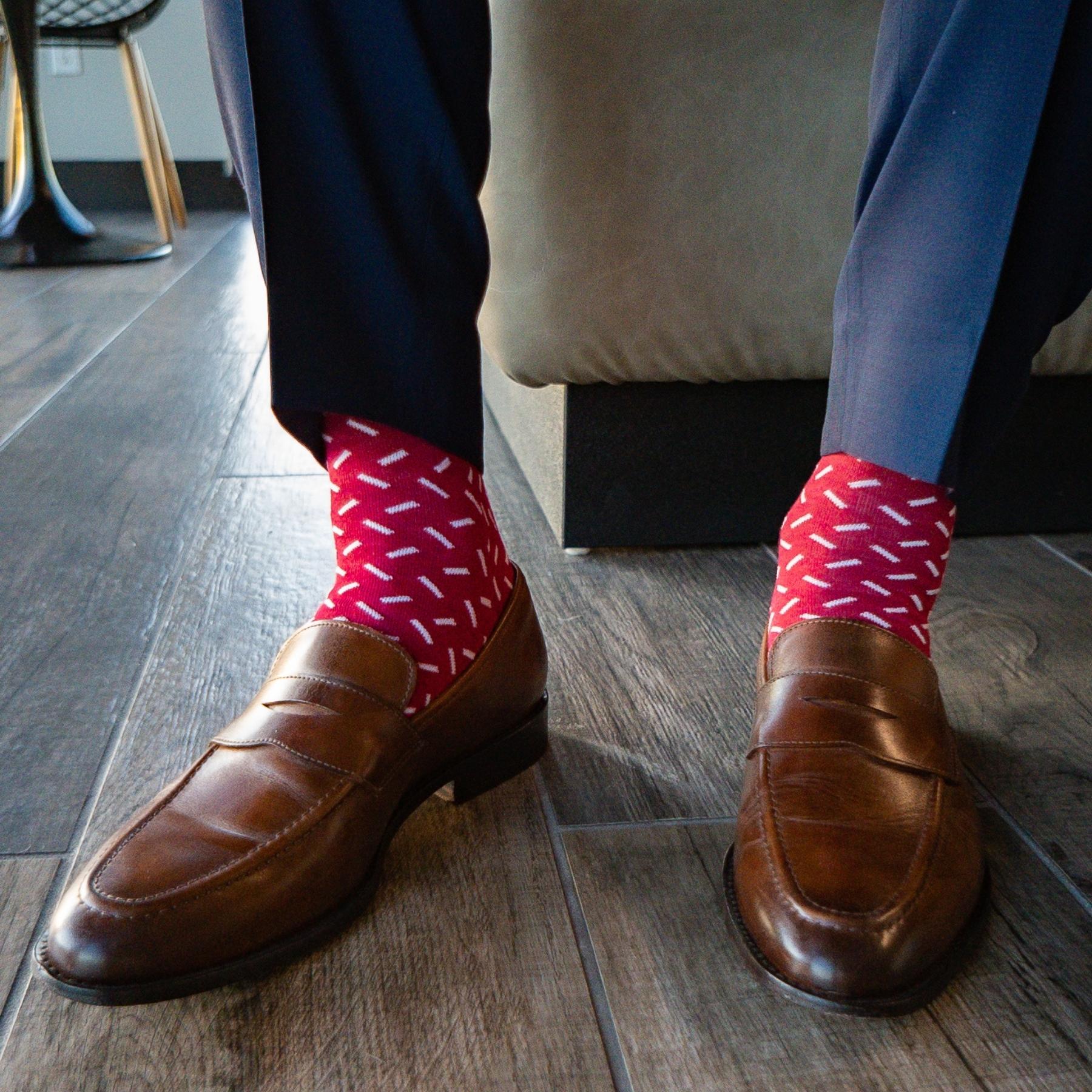 Raspberry red men's dress sock with white sprinkles pattern