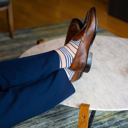 tan socks with navy and white stripes