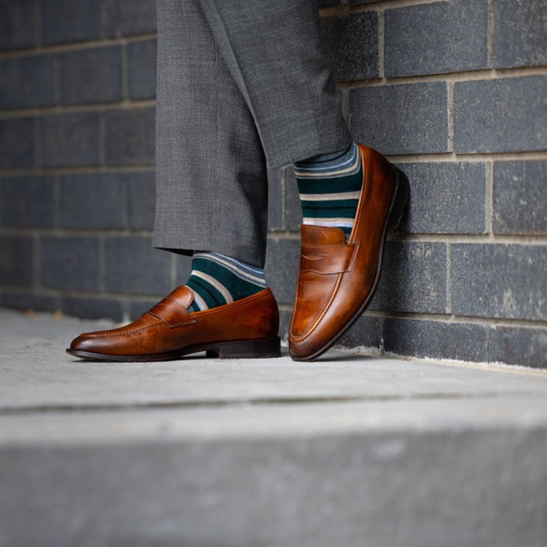 green, taupe, and tan striped socks