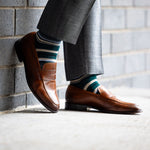 green, taupe, and tan striped socks