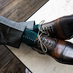 deep green sock with powder blue micro-pin dots