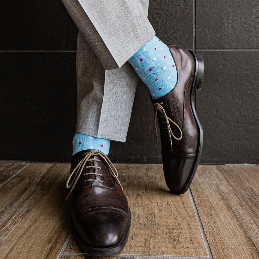 sky blue men's dress sock with magenta and white micro-squares