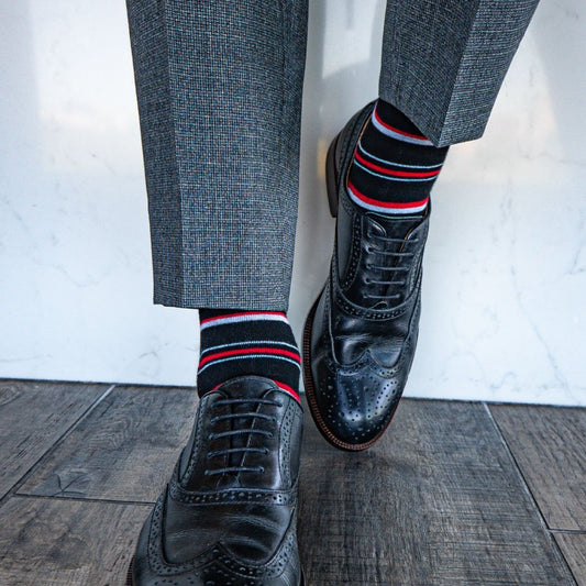 black, red, and white striped men's dress socks