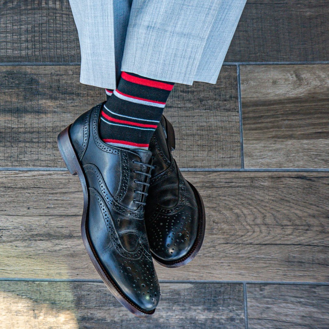 Black men's dress socks with white and red stripes
