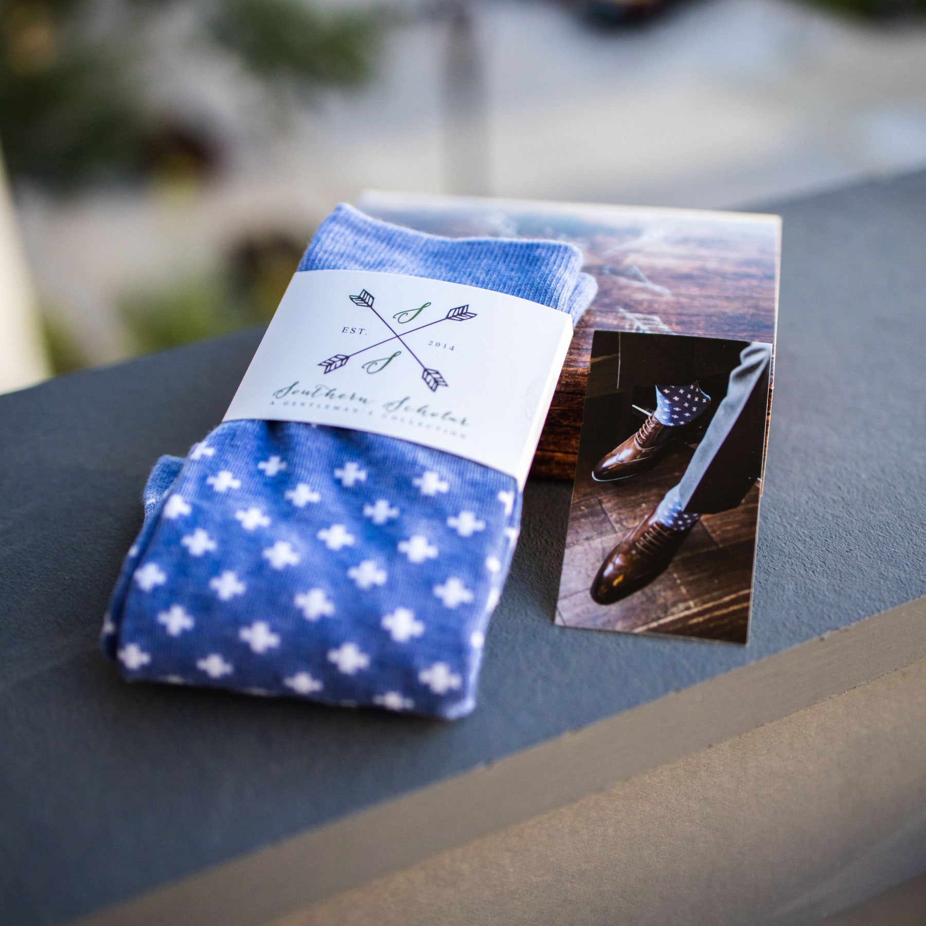 blue socks with white hatches