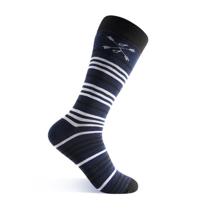 Deep blue sock with white and black stripes