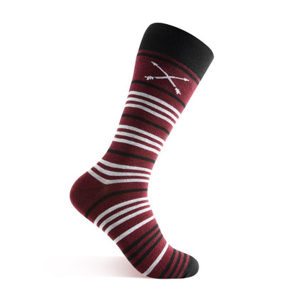 deep red mens sock with white and black stripes