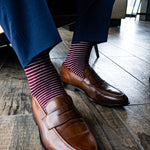 deep garnet red men's dress sock with white stripes