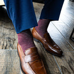 deep garnet red men's dress sock with white stripes