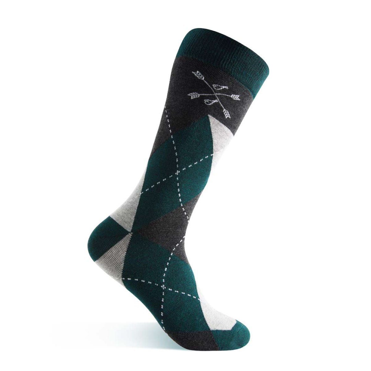 Green, charcoal, grey, and white argyle men's dress sock.