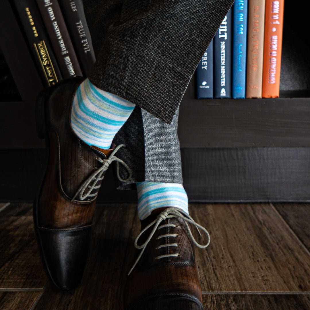 light green and blue striped men's dress socks