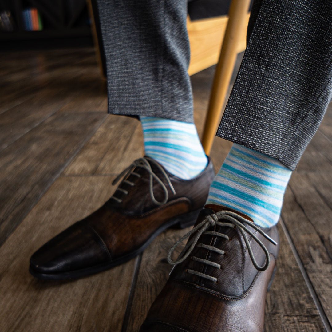 light green and blue striped men's dress socks