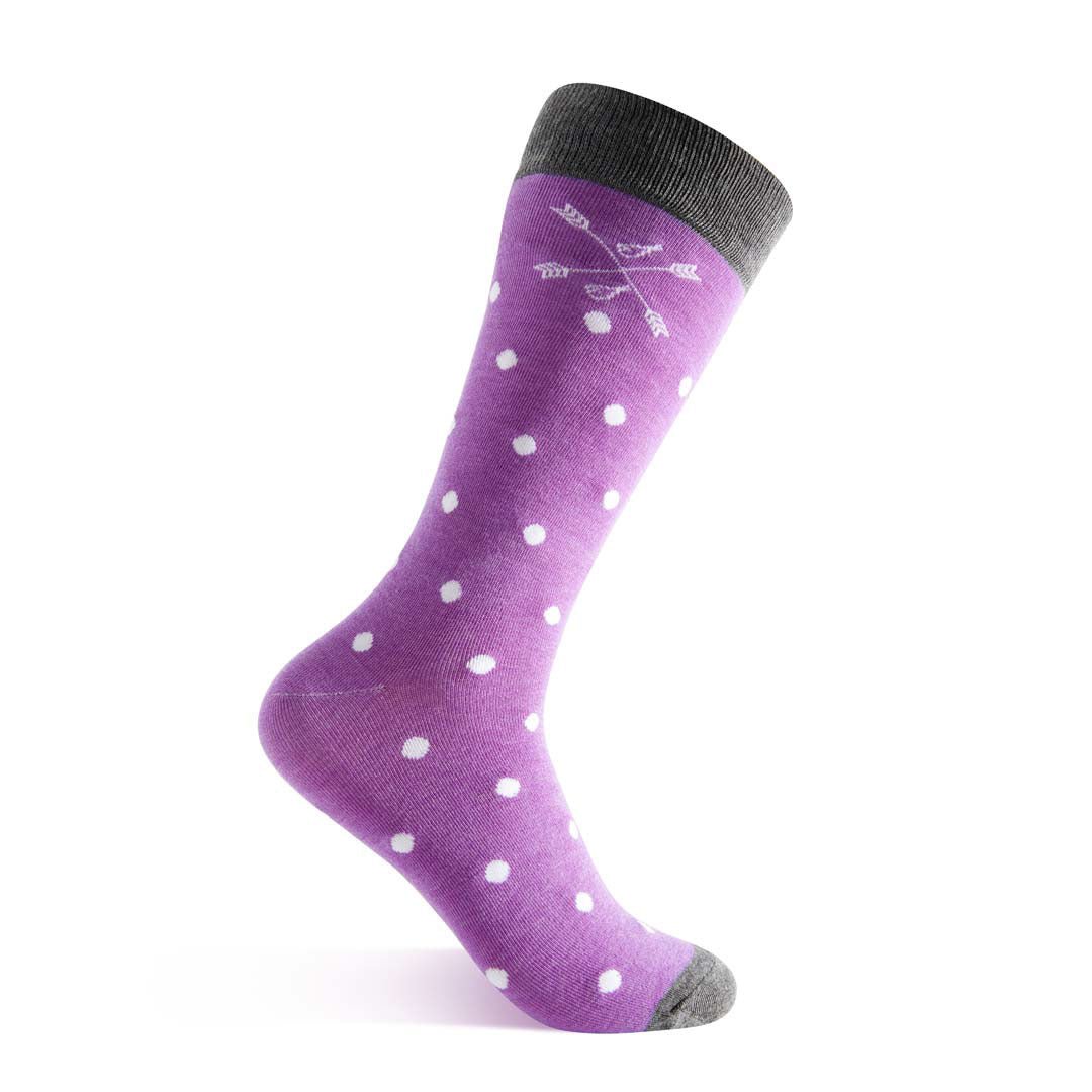 lilac purple sock with white polka dots