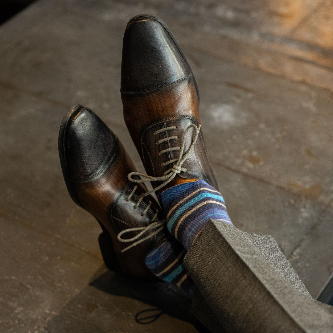 blue and tan striped men's dress sock