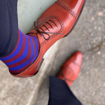 Man wearing Red and Blue Rugby Stripe men's dress socks