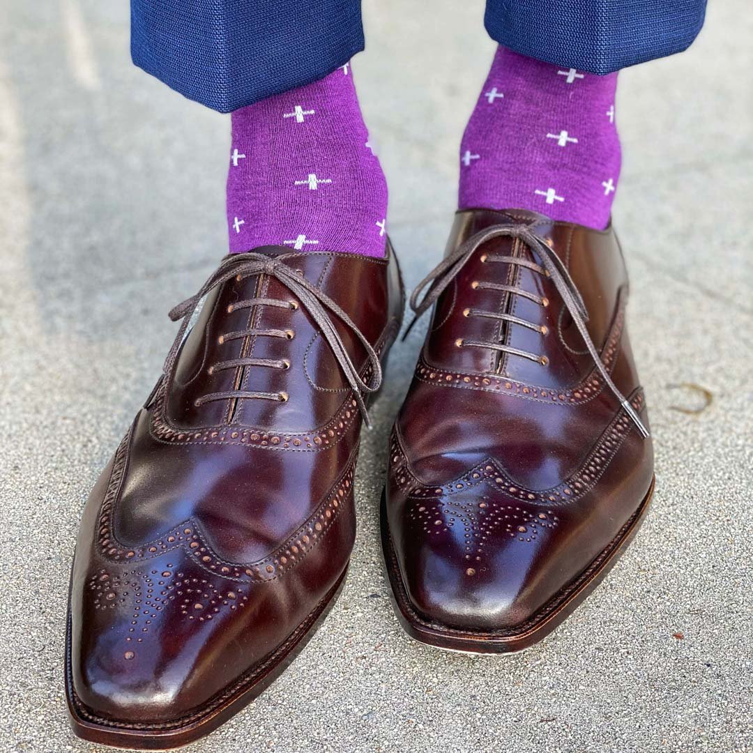 Man wearing purple dress socks and brown dress shoes
