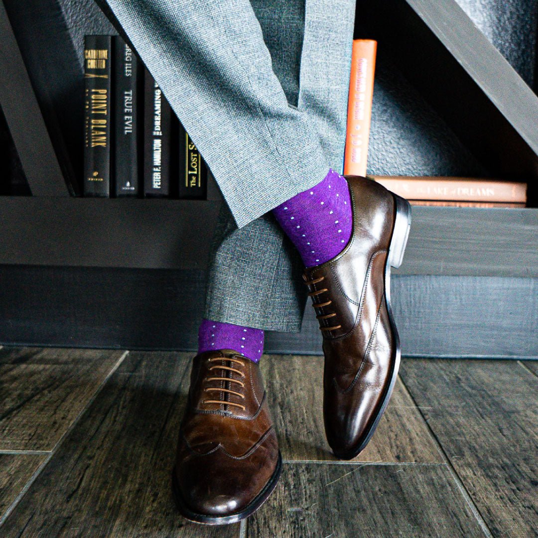 rich purple men's dress sock with blue micro dots
