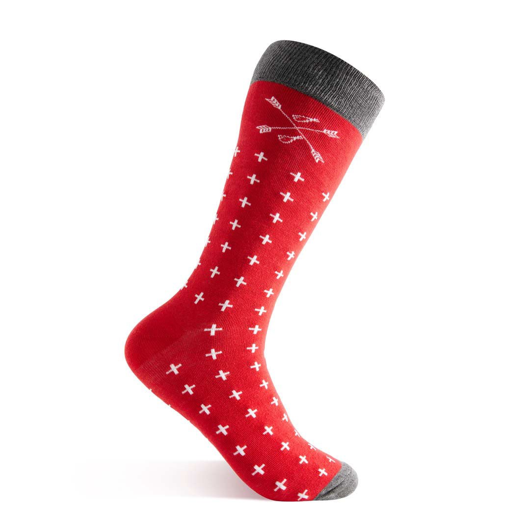 Red sock with white hatches